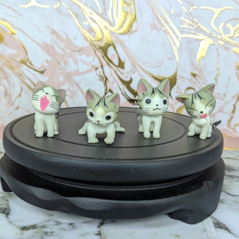 Anime Cat Figurine Set - Gray and White Tabby Cats Displayed Condition